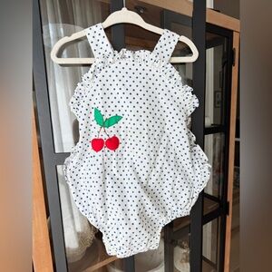 Vintage cherry bubble romper polka dots baby toddler girl embroidered appliqué